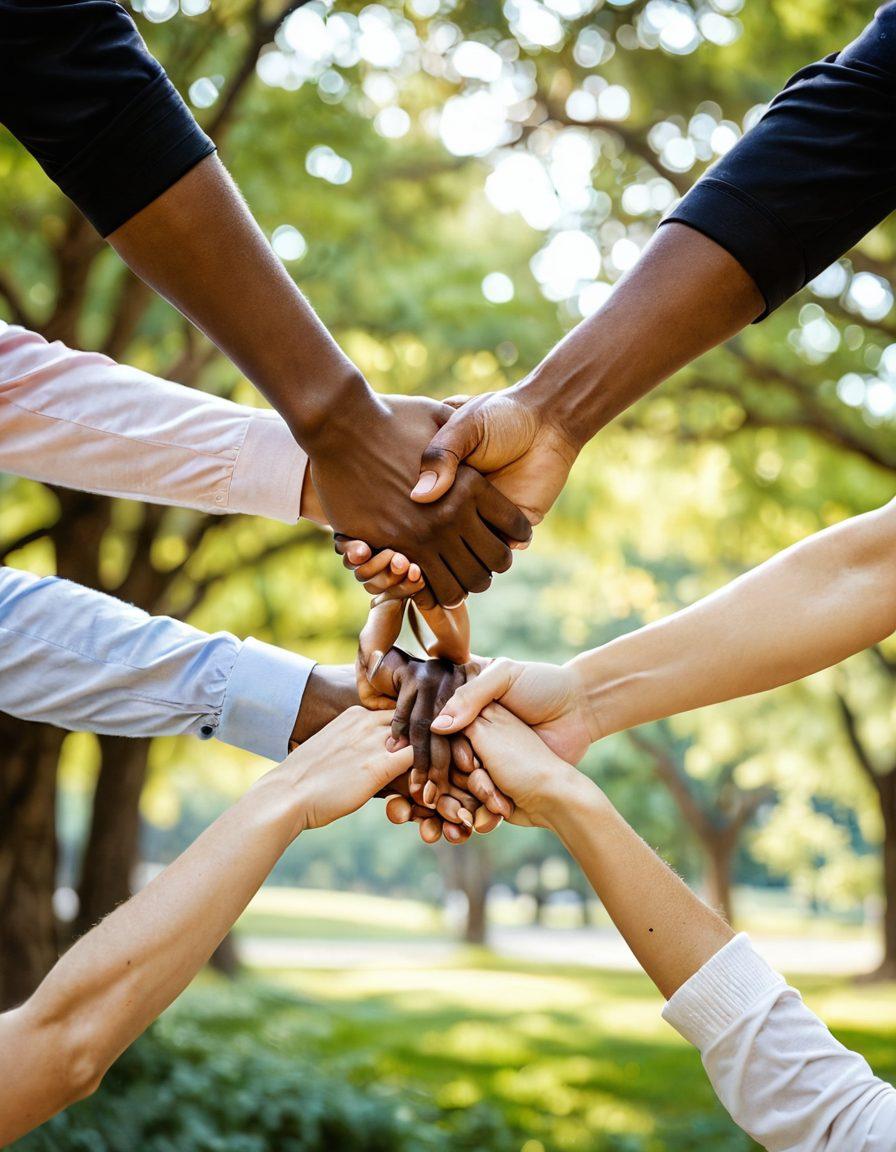 A warm, inviting scene depicting a diverse group of individuals supporting each other in a serene park setting, with comforting expressions and gestures. Soft, natural light filtering through the trees, symbolizing hope and resilience. Intertwined hands in the foreground representing strong partnerships, alongside a subtle, symbolic ribbon for cancer awareness. Nature elements like blooming flowers to signify growth and healing. soft focus, warm tones, painting.