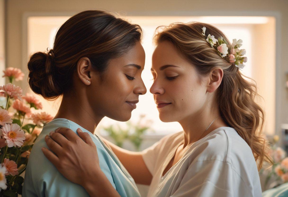 A tender scene of two people embracing in a hospital room, surrounded by soft lighting and delicate flowers. The expressions on their faces convey love and determination, symbolizing hope amidst adversity. In the background, subtle hints of medical equipment contrast with the warmth of their connection. Include a vibrant color palette to evoke strong emotions and resilience. super-realistic. warm tones.