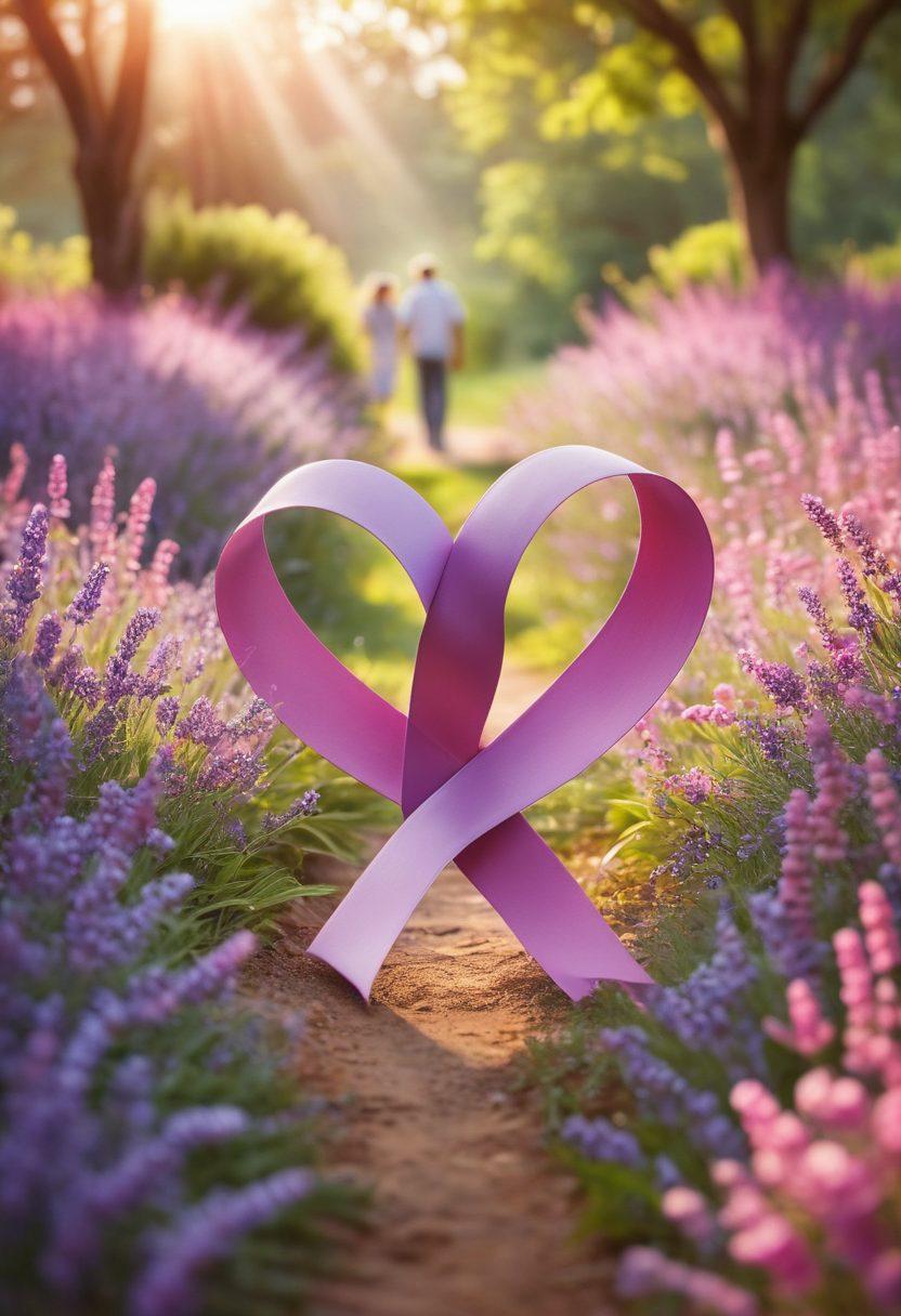 A heart-shaped intertwined ribbon representing love and cancer awareness, surrounded by vibrant pink and lavender flowers. Include a soft-focus background of a couple walking hand-in-hand, symbolizing support and connection amidst life's challenges. The sunlight gently filters through the leaves, creating an optimistic atmosphere. super-realistic. vibrant colors. soft-focus.